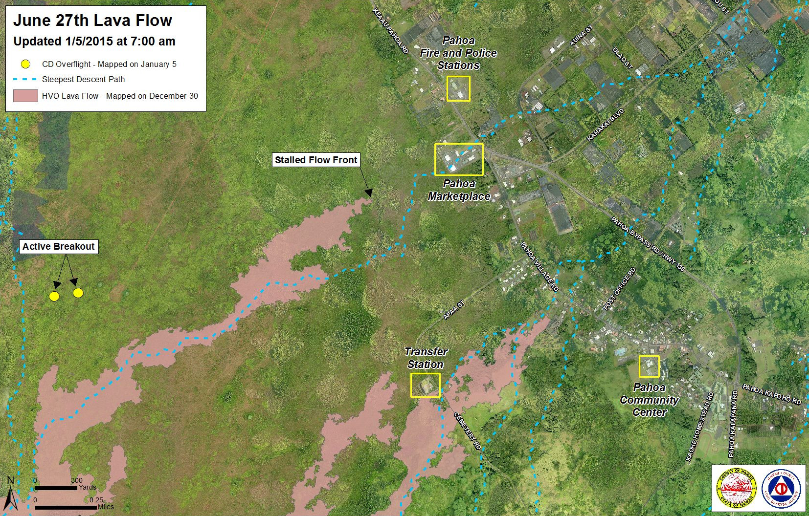 Civil Defense Lava Flow Map - Updated Monday 1/5/15 at 7:00 am