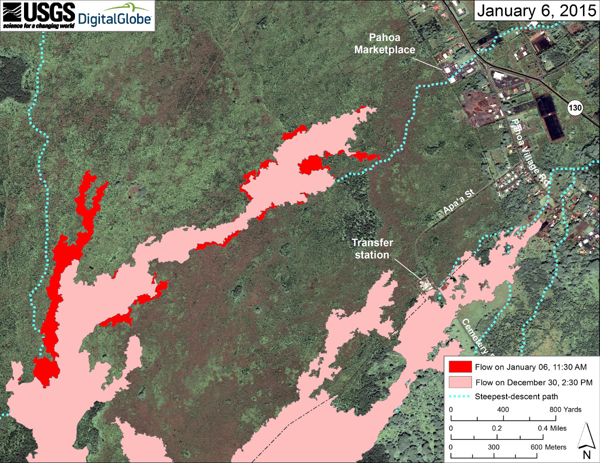 Satellite image of area around front of Kīlauea’s East Rift Zone lava flow by USGS HVO.