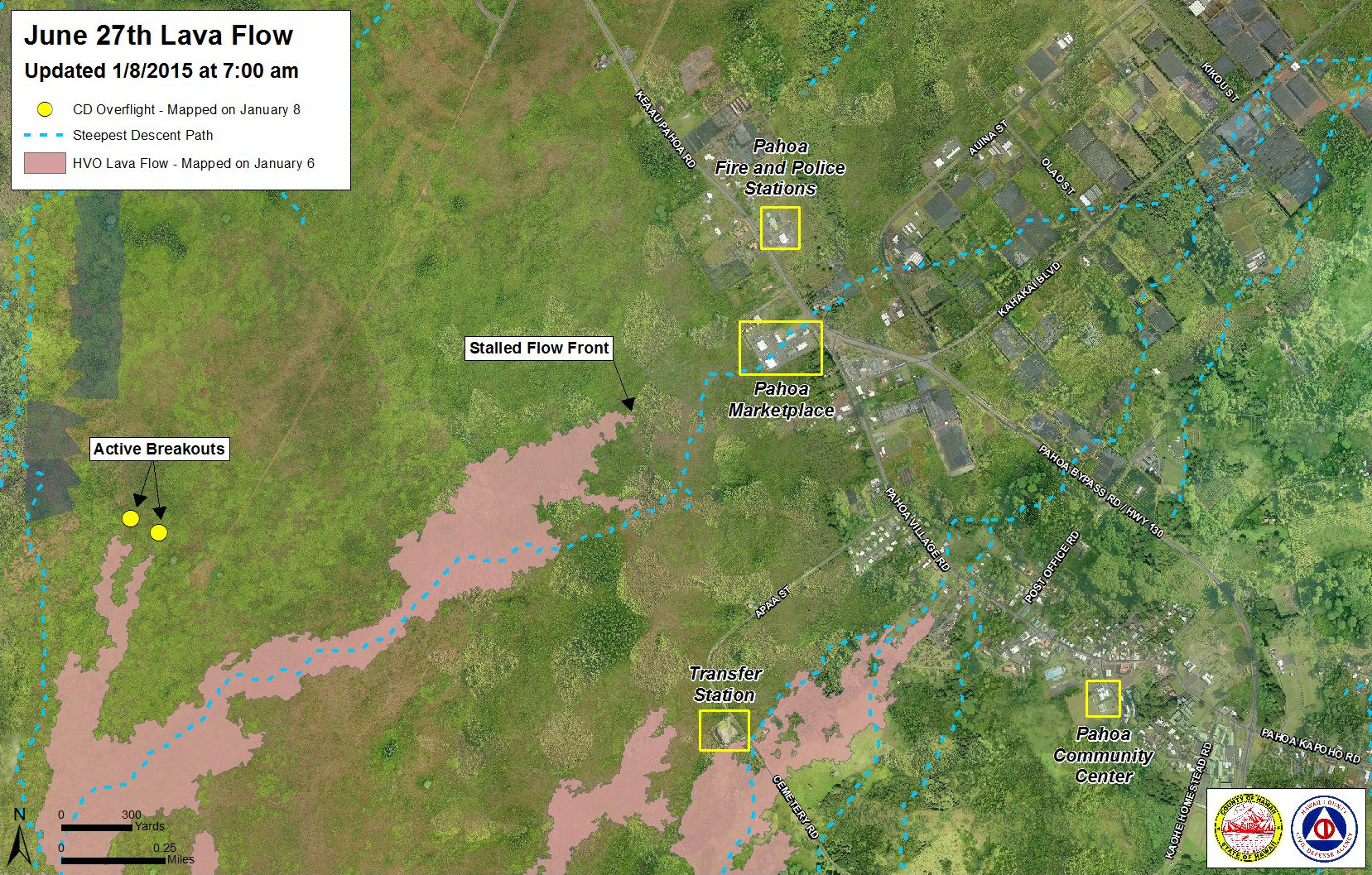 Civil Defense Lava Flow Map - Updated Thursday, 1/8/15 at 7:00 am