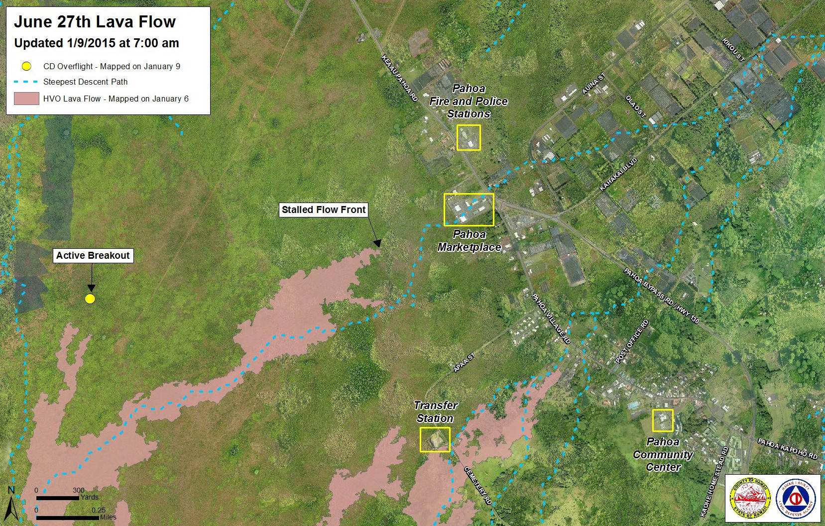 Civil Defense Lava Flow Map - Updated Friday, 1/9/15 at 7:00 am