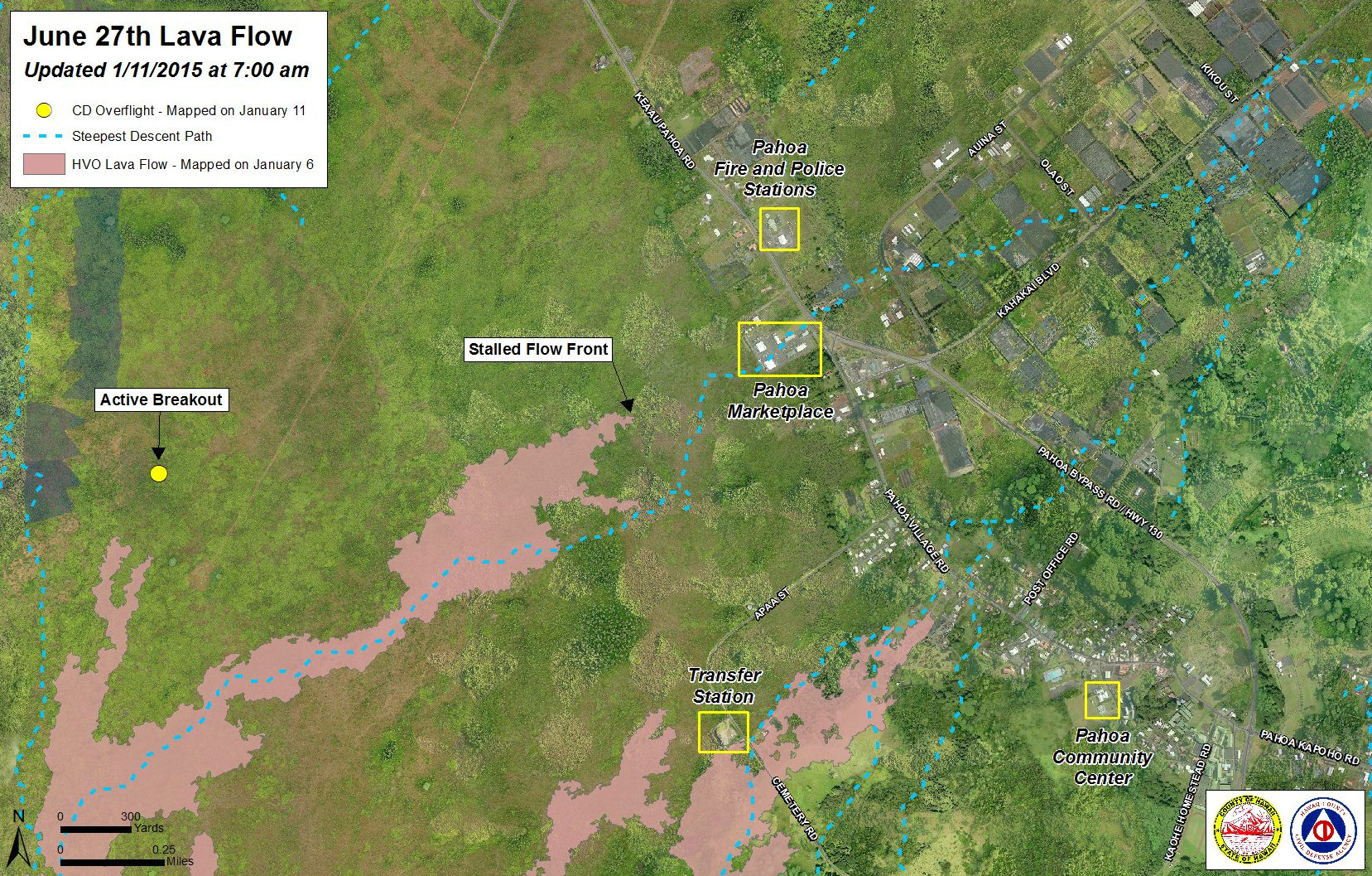 Civil Defense Lava Flow Map - Updated Sunday, 1/11/15 at 7:00 am