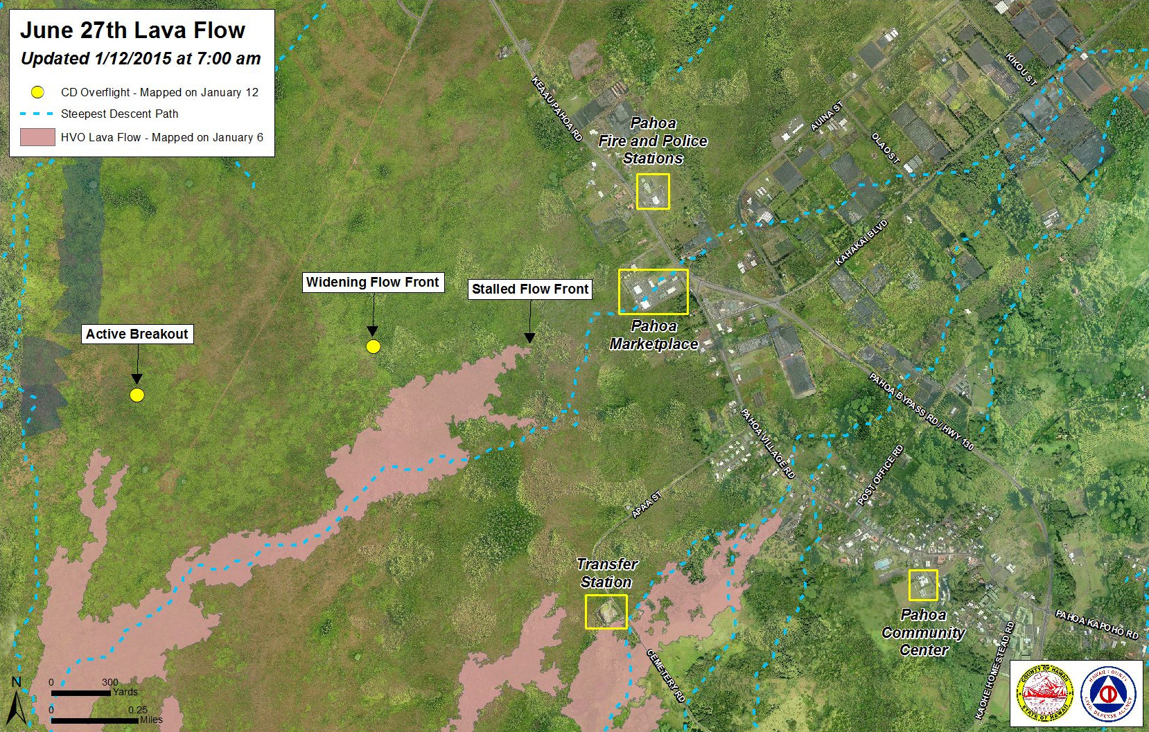 Civil Defense Lava Flow Map - Updated Monday, 1/12/15 at 7:00 am