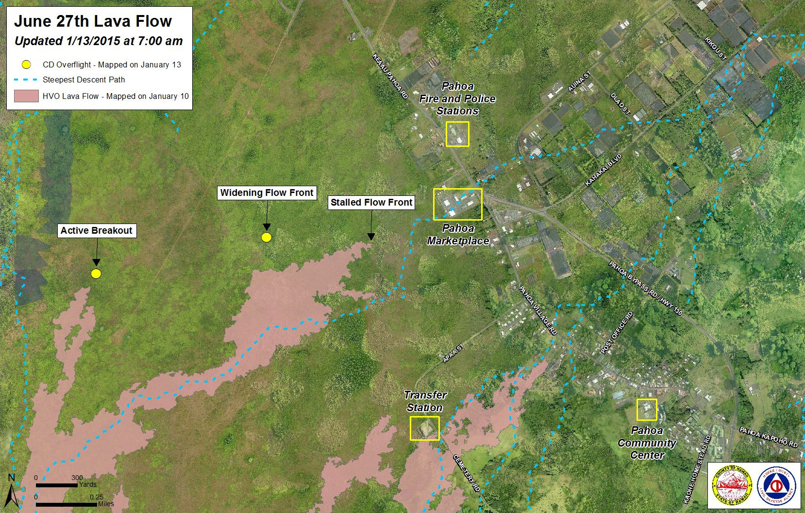 Civil Defense Lava Flow Map - Updated Tuesday, 1/13/15 at 7:00 am