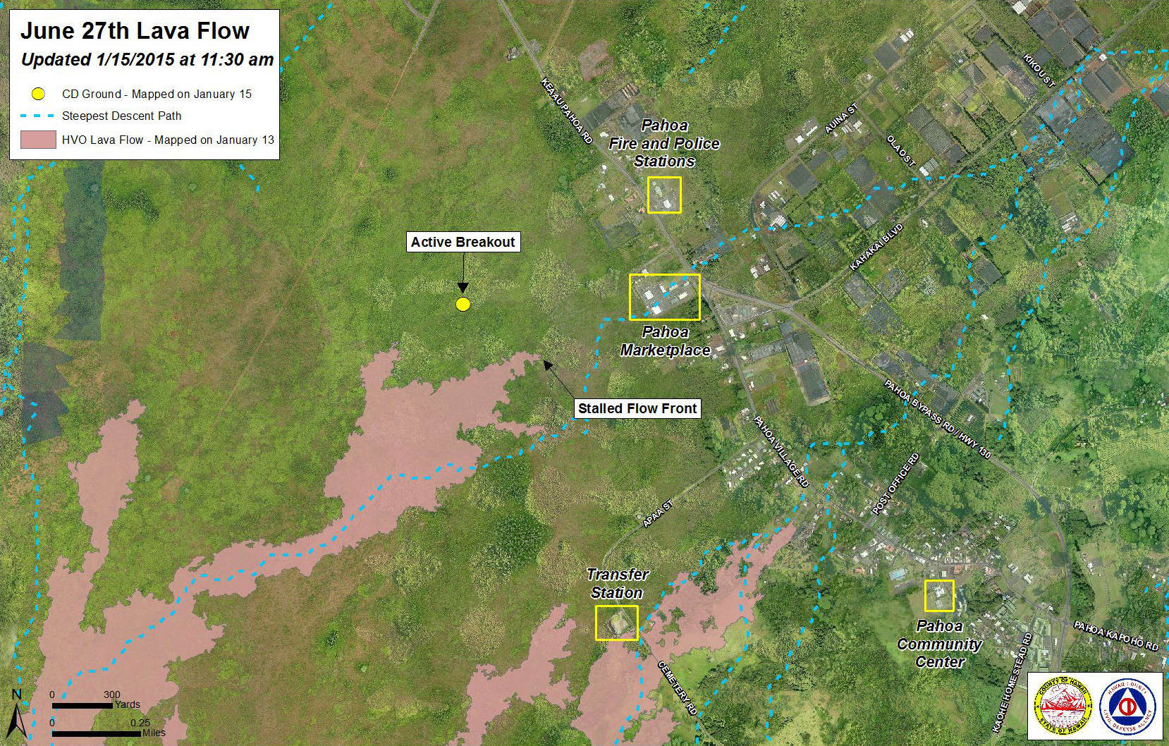 Civil Defense Lava Flow Map - Updated Thursday, 1/15/15 at 11:30 am