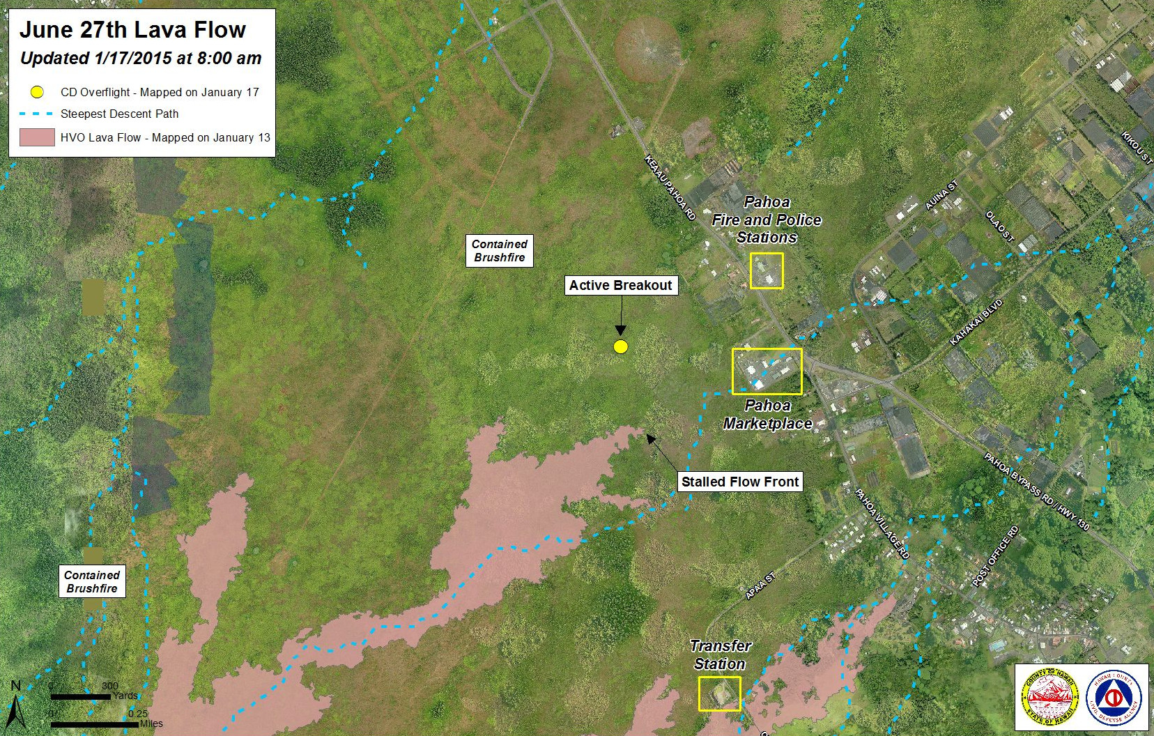Civil Defense Lava Flow Map - Updated Saturday, 1/17/15 at 8:00 am