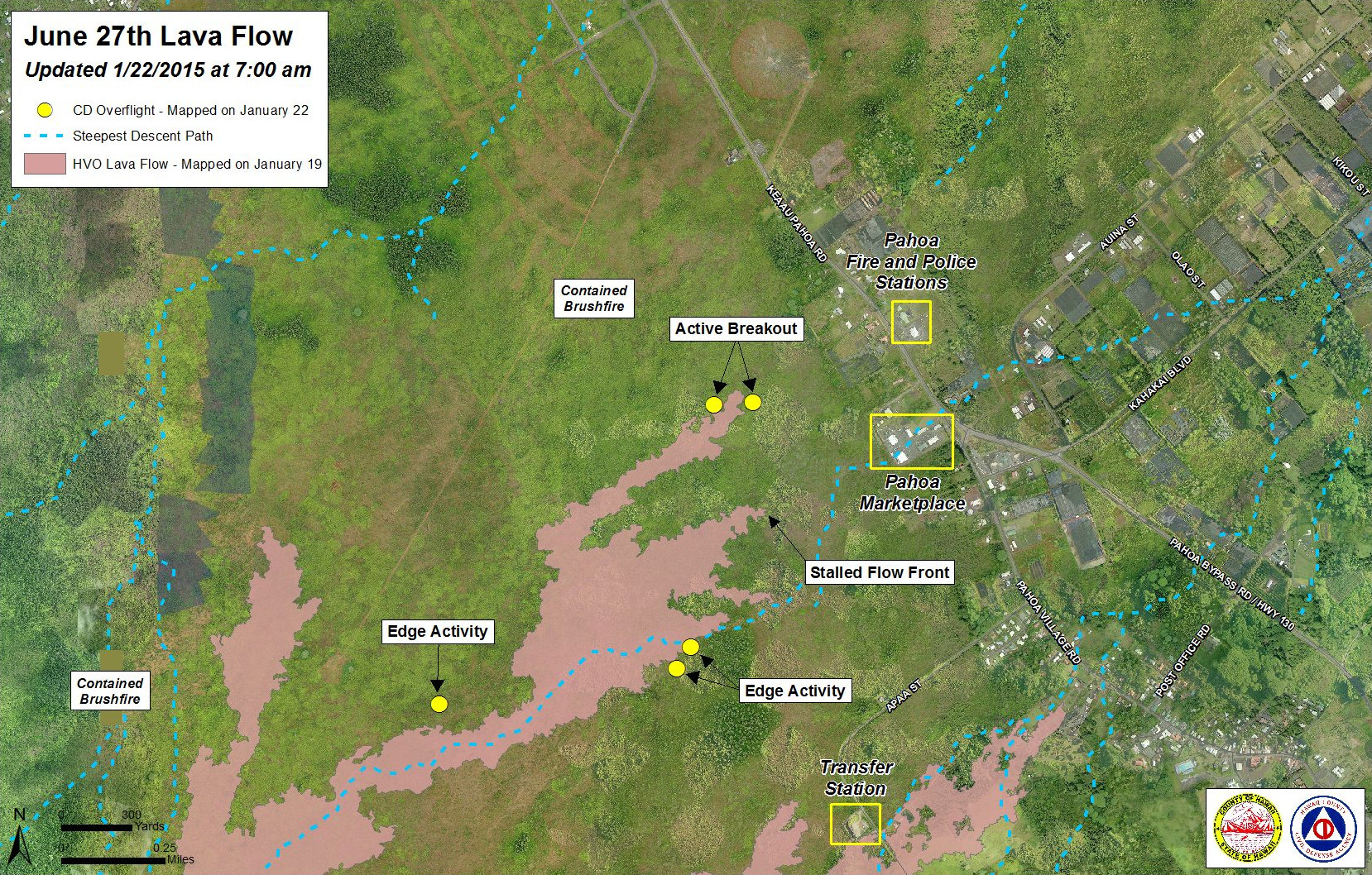 Civil Defense Lava Flow Map - Updated Thursday, 1/22/15 at 7:00 am