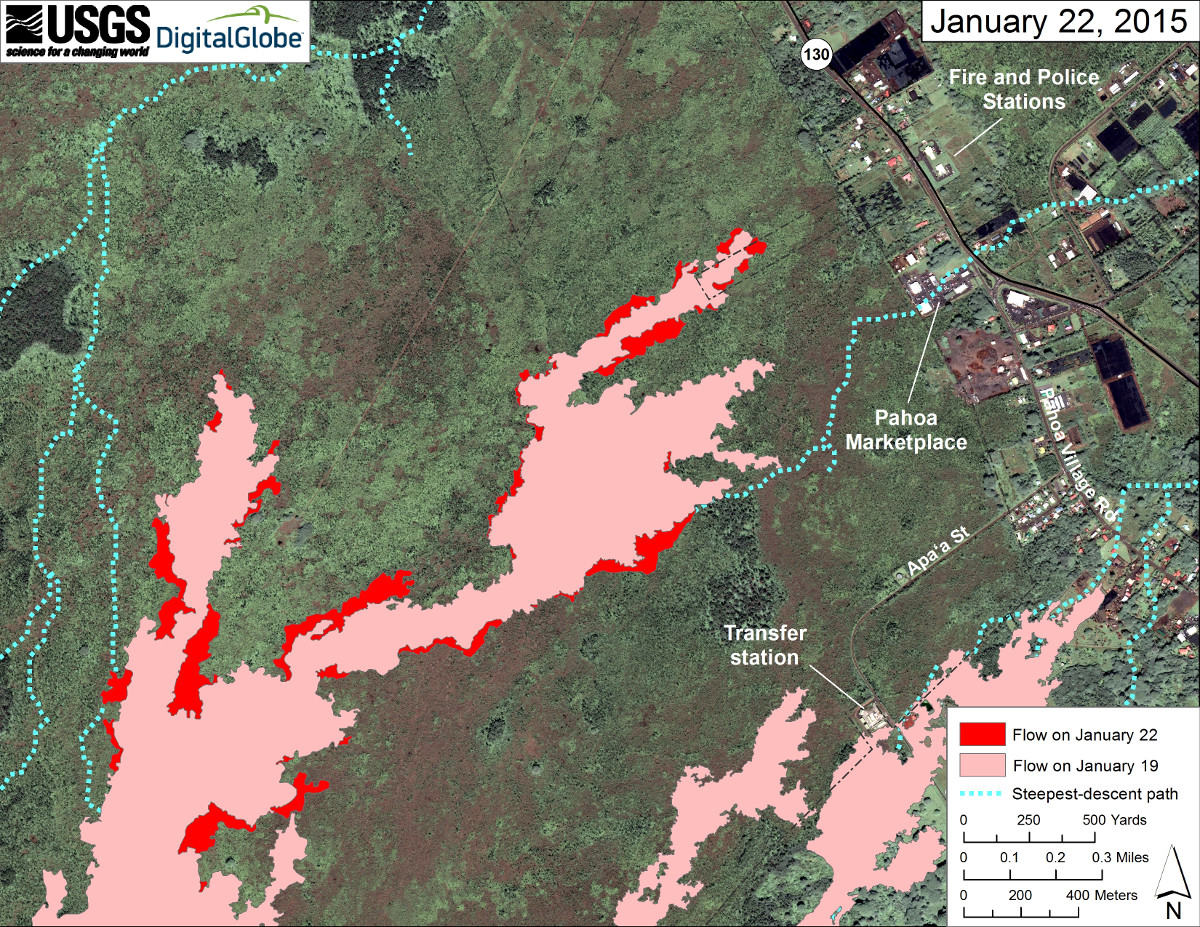 Jan 22 satellite image of area around front of Kīlauea’s East Rift Zone lava flow, courtesy USGS HVO