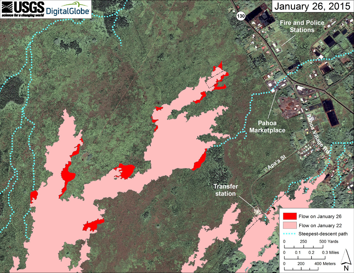 Satellite image of area around front of Kīlauea’s East Rift Zone lava flow, courtesy USGS