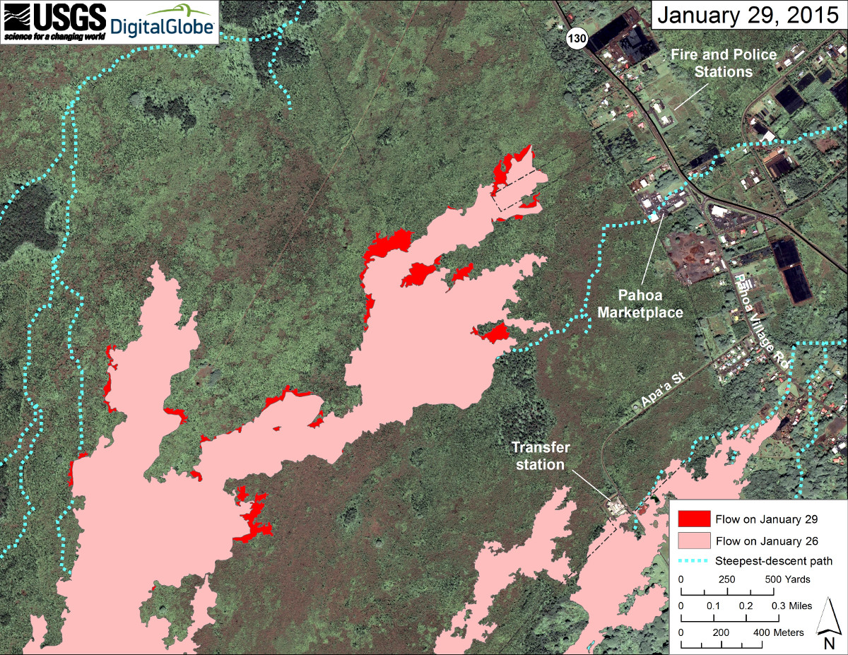 Satellite image of area around front of Kīlauea’s East Rift Zone lava flow, courtesy USGS Hawaiian Volcano Observatory