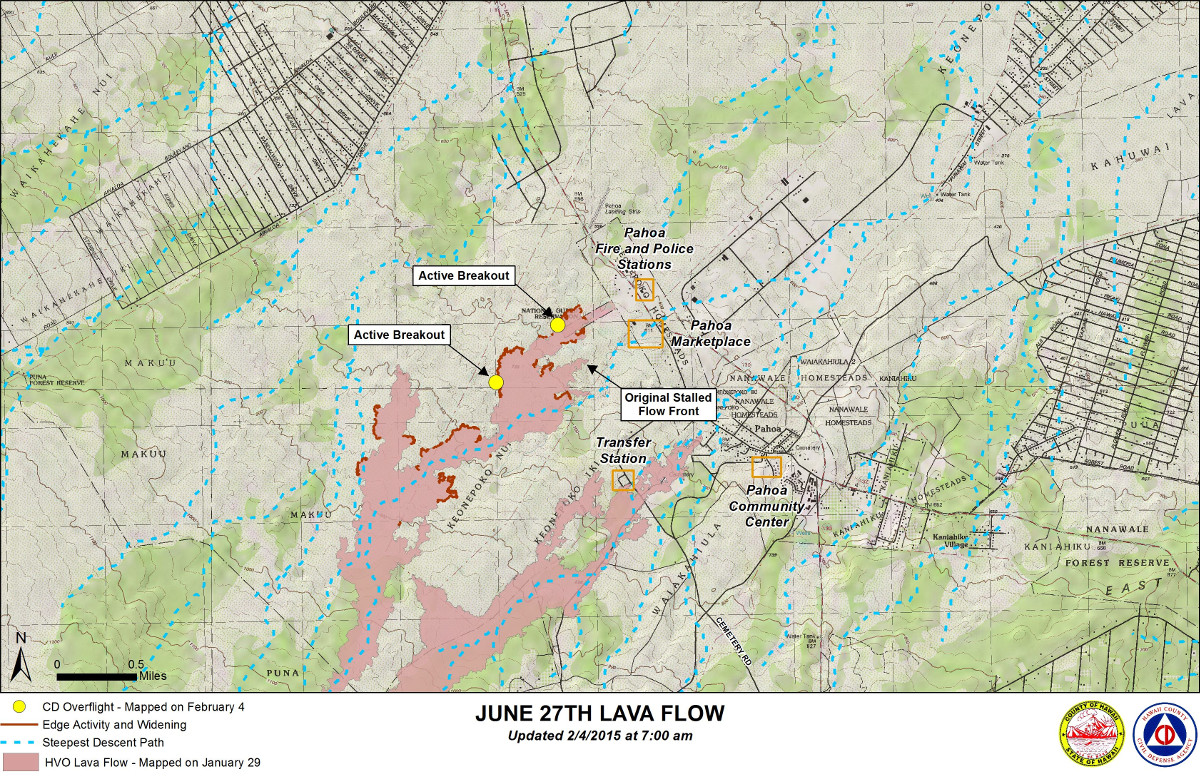 Civil Defense Lava Flow Map with Imagery - Updated Wednesday, 2/4/15 at 7:00 am