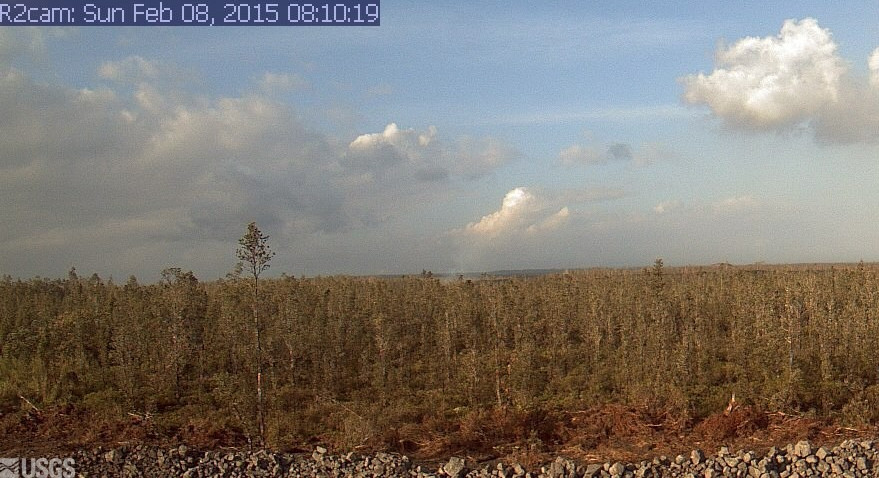 FEBRUARY 8, 2015: Only a whisp could be seen out on the flow field from this USGS webcam stationed at Pahoa Market Place.