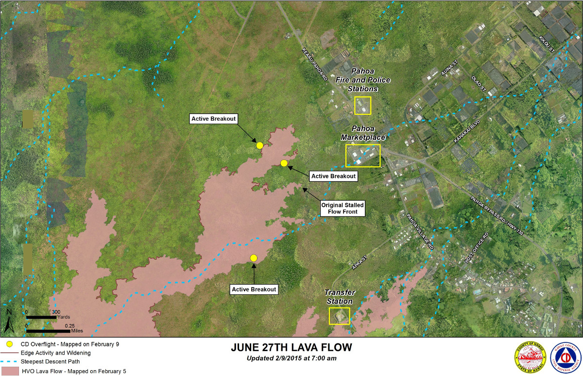 Civil Defense Lava Flow Map with Imagery - Updated Monday 2/9/15 at 7:00 am