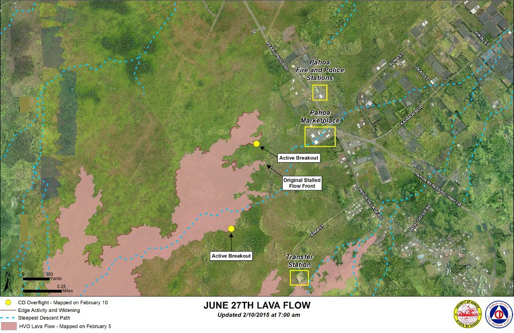 Civil Defense Lava Flow Map with Imagery - Updated Tuesday 2/10/15 at 7:00 am