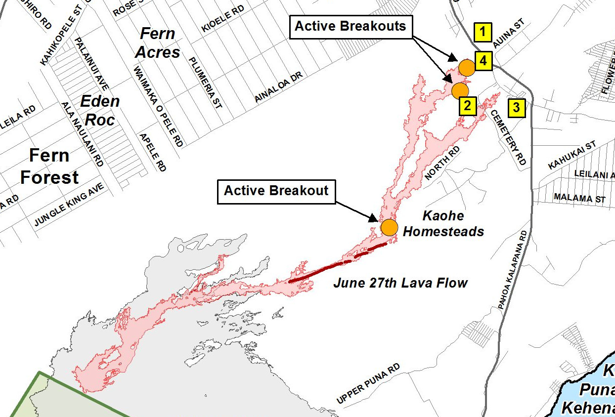 Inset from a small scale Civil Defense Overview Lava Flow Map (Updated Tuesday, 2/10/15 at 7:00 am) showing the entire June 27 lava flow from Pu'u O'o to distal tips.