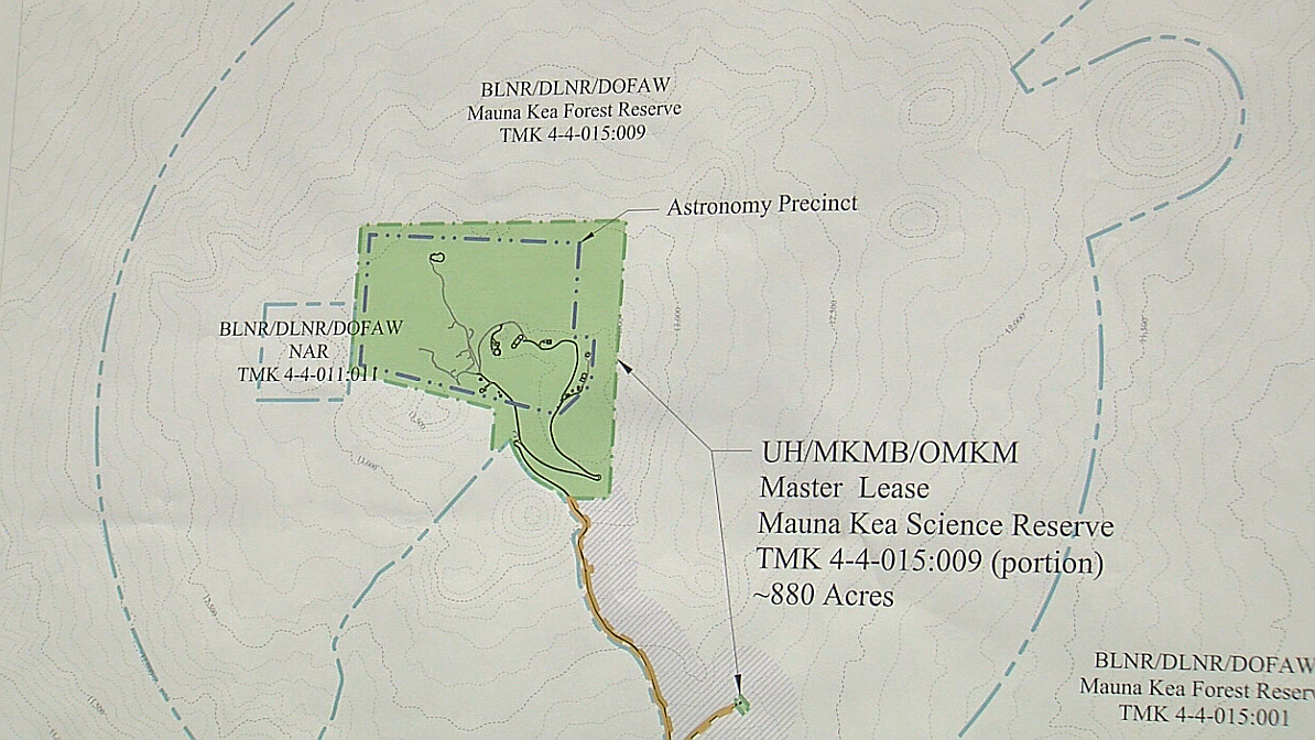 Map of alternative three on display in Hilo. The green represents the reduced area that would be managed by the University of Hawaii, only 7.8% of what it manages now.