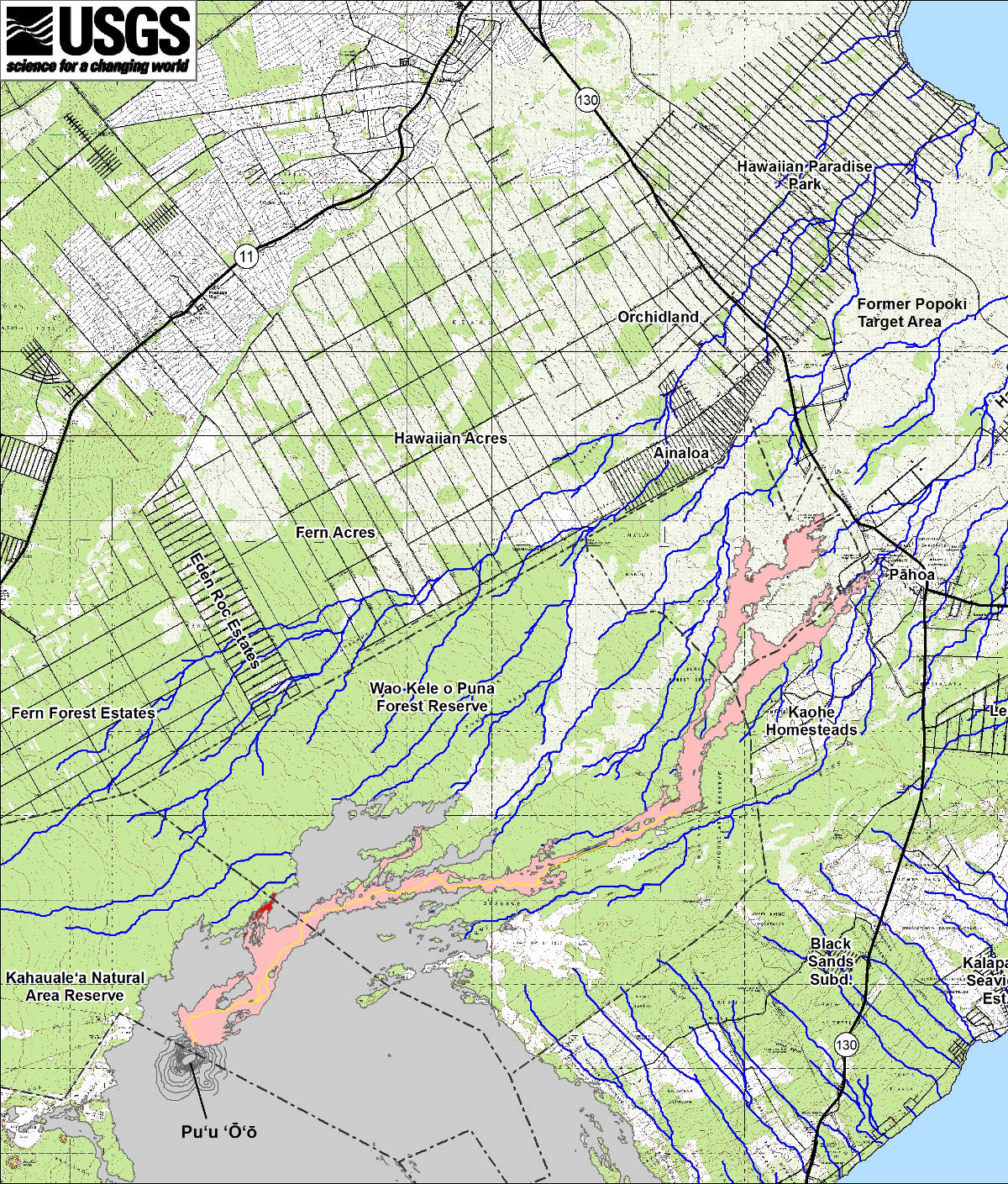 This small-scale USGS map shows Kīlauea’s active East Rift Zone lava flow in relation to lower Puna. The area of the flow on February 5 is shown in pink, while widening and advancement of the flow as of February 10 is shown in red.