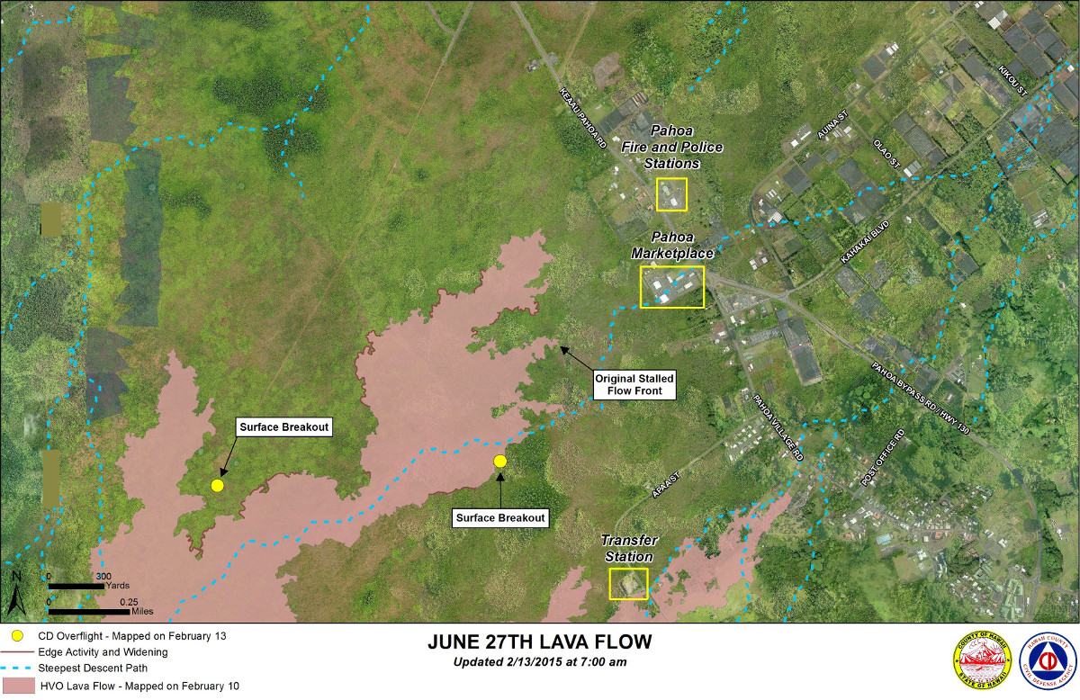 Civil Defense Lava Flow Map with Imagery - Updated Friday, 2/13/15 at 7:00 am