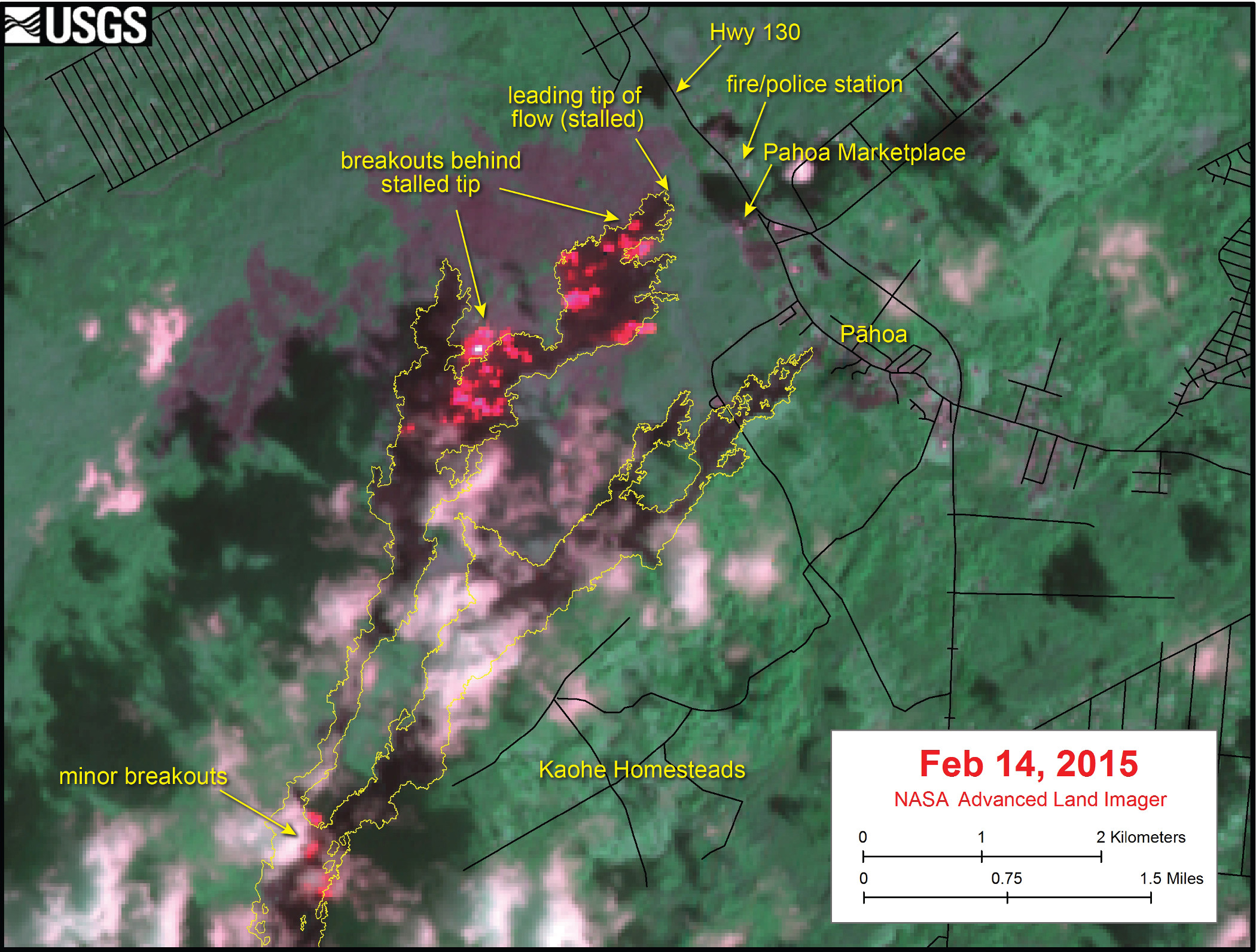 Satellite image of area around front of Kīlauea’s East Rift Zone lava flow (Feb. 14)