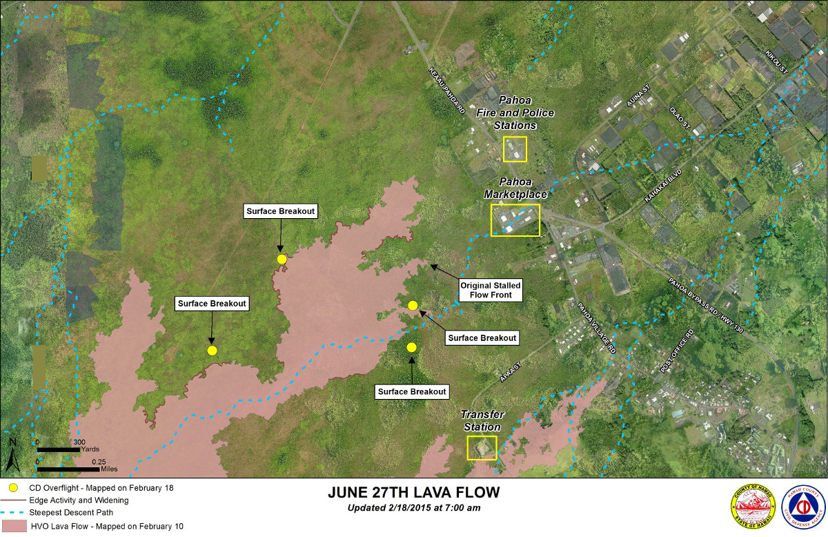 Civil Defense Lava Flow Map with Imagery - Updated Wednesday, 2/18/15 at 7:00 am