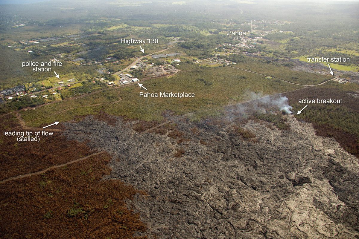 USGS photo from a Feb. 19 overflight shows the active breakout south of the stalled tip is about 650 meters (0.4 miles) northwest of the Pāhoa transfer station.