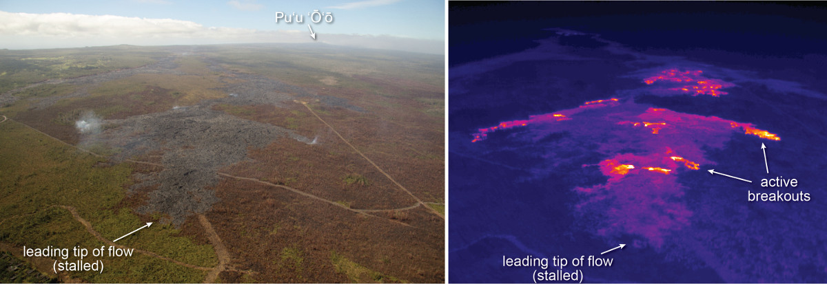 From USGS on Feb. 19: "This comparison of a normal photograph and a thermal image shows the position of active breakouts relative to the inactive flow tip. The white box shows the rough extent of the thermal image on the right. In the thermal image, active breakouts are visible as white and yellow areas. Although active breakouts are absent at the inactive tip of the flow, breakouts are present roughly 500 m (550 yards) behind the tip, and are also scattered further upslope."
