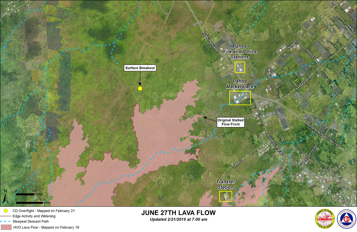 Civil Defense Lava Flow Map with Imagery - Updated Saturday, 2/21/15 at 7:00 am
