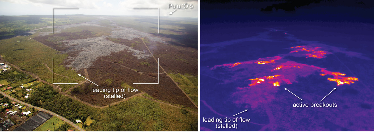 Feb. 23, 2015 (USGS) - This comparison of a normal photograph and a thermal image shows the position of active breakouts relative to the inactive flow tip. The white box shows the rough extent of the thermal image on the right. In the thermal image, active breakouts are visible as white and yellow areas. Although active breakouts are absent at the inactive tip of the flow, breakouts are present roughly 450 m (490 yards) behind the tip, and are also scattered further upslope.