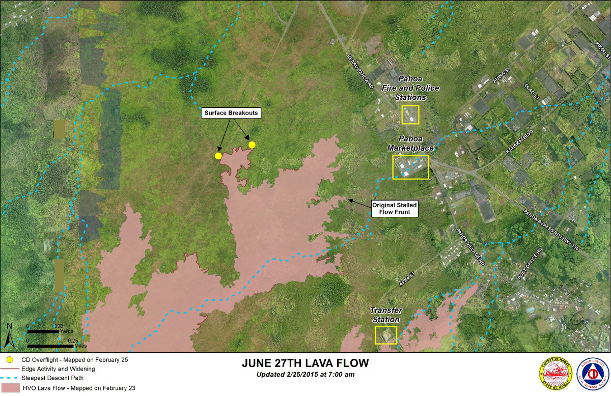 Civil Defense Lava Flow Map with Imagery - Updated Wednesday, 2/25/15 at 7:00 am