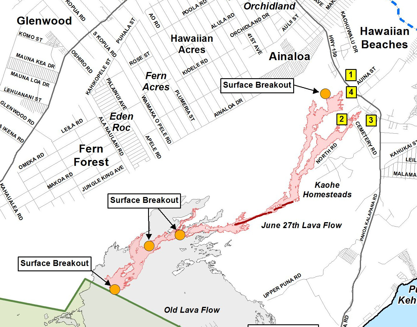 Inset of Civil Defense Lava Flow Map with Imagery - Updated Wednesday, 2/25/15 at 7:00 am