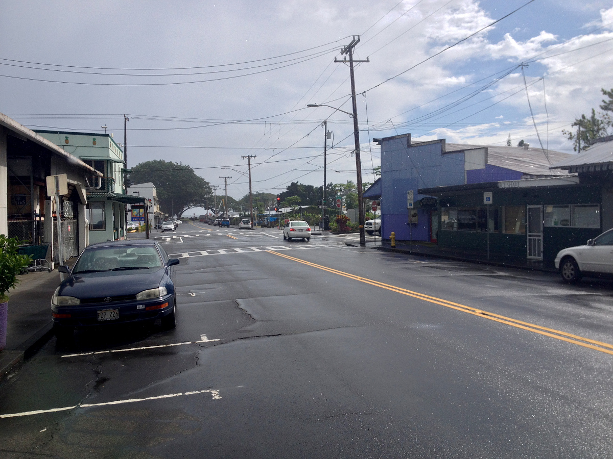 The view on Mamo Street looking makai towards Kilauea Avenue and the bay.