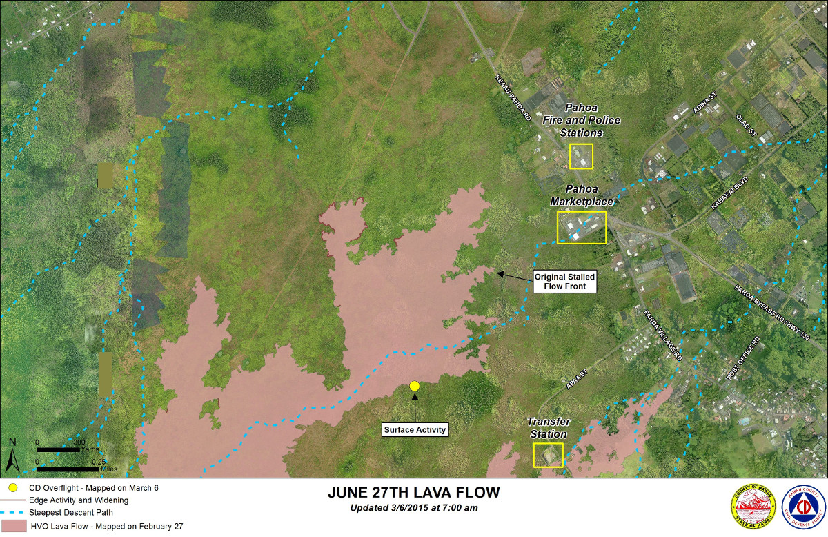 Civil Defense Lava Flow Map with Imagery - Updated Friday, 3/6/15 at 7:00 am