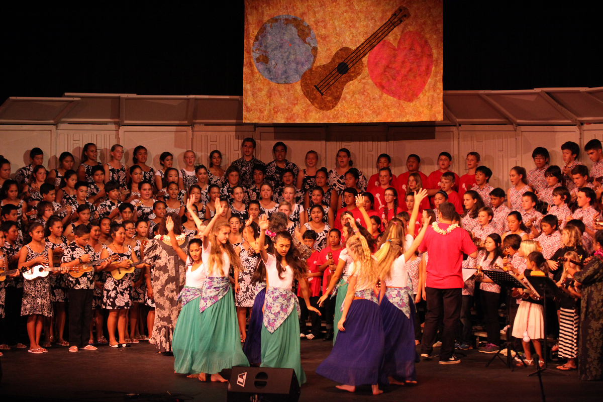 Students from Hawaii Preparatory Academy (HPA), Kealakehe Intermediate School, and Waikoloa School perform at last yearʻs ʻUkulele Festival, “One World, One Love, One ʻUke.” This yearʻs ʻUkulele Festival will be held at 7 p.m. on Saturday, March 7, at HPAʻs Gates Performing Arts Center (Upper Campus) in Waimea.  The performance is free and open to the public.