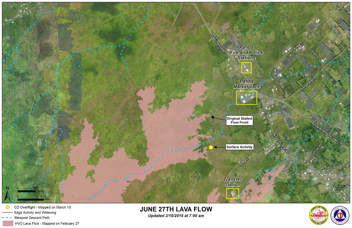 Civil Defense Lava Flow Map with Imagery - Updated Tuesday, 3/10/15 at 8:00 am