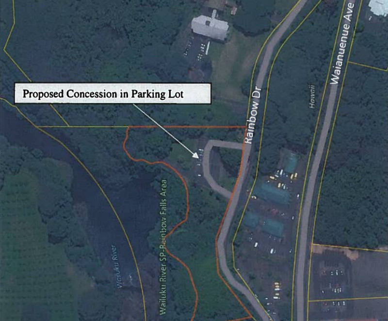 courtesy the DLNR submittal to the land board, showing the location of the planned concession at Rainbow Falls.