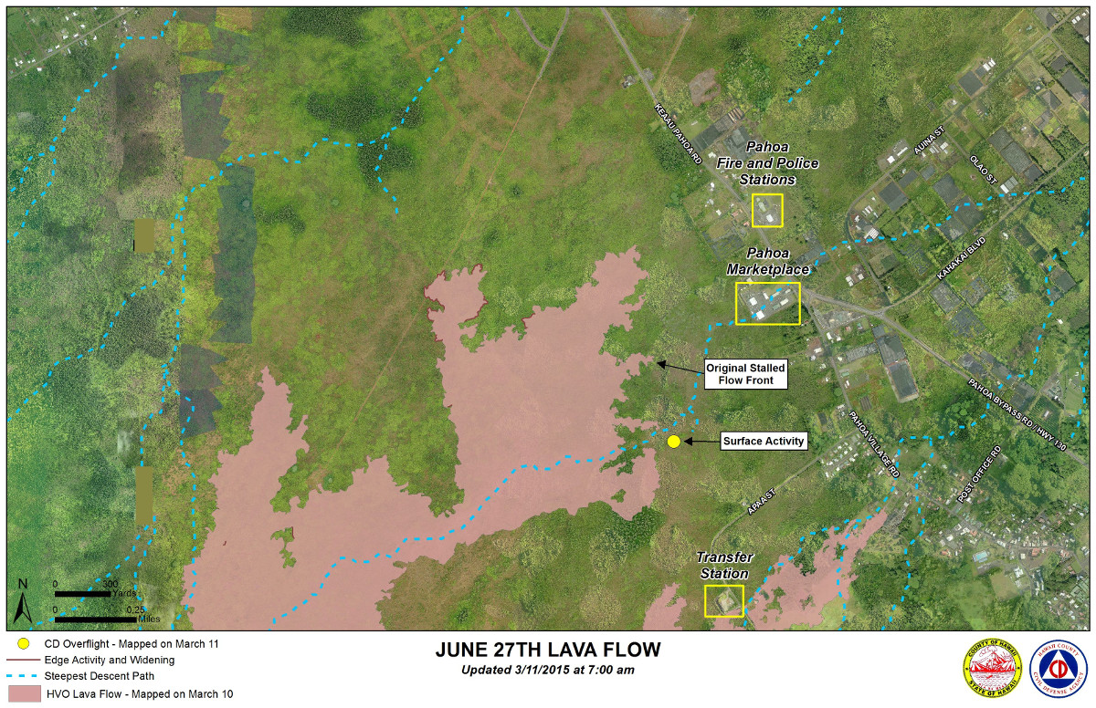 Civil Defense Lava Flow Map with Imagery - Updated Wednesday, 3/11/15 at 7:45 am