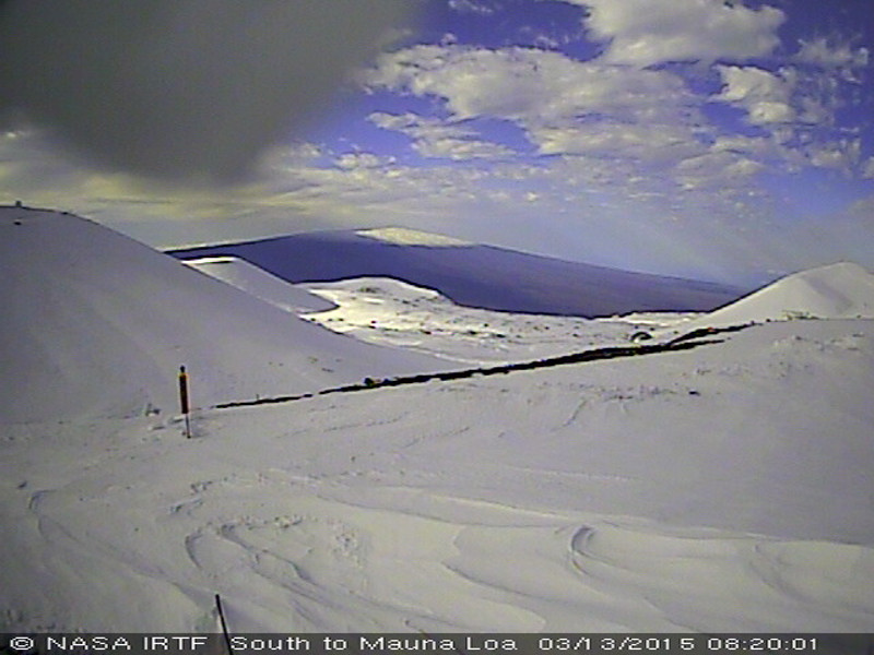 NASA IRTF view of a snowy Mauna Kea summit, and a snow capped Mauna Loa far in the distance.