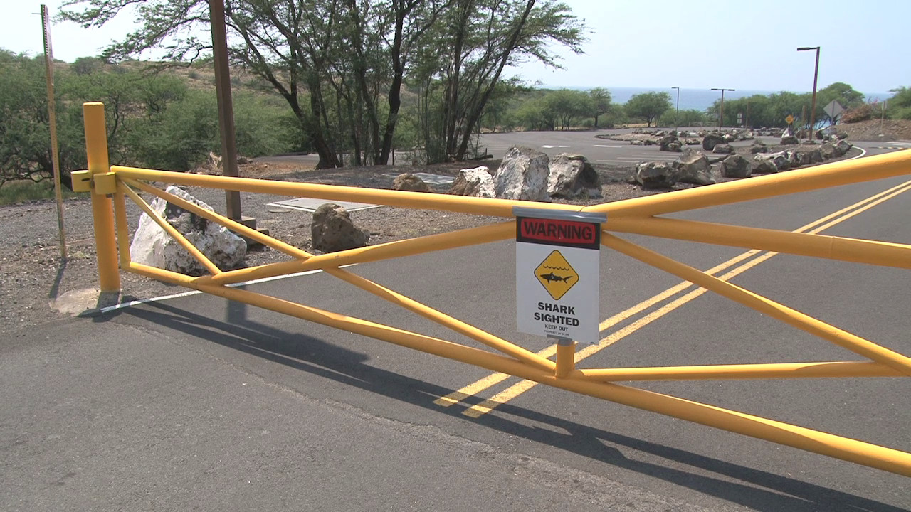 Closed gate at Hapuna following a shark attack. Image taken from video by Visionary Video