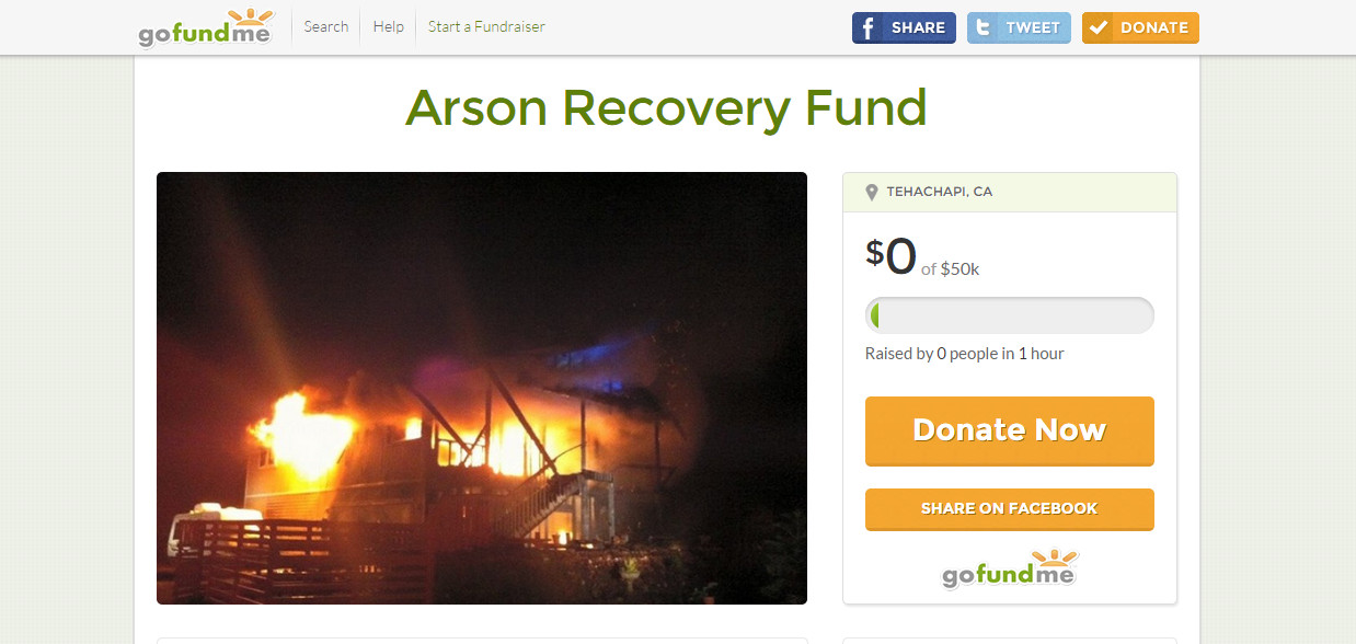 Screen grab from the Go Fund Me site started after the arson in Ocean View.