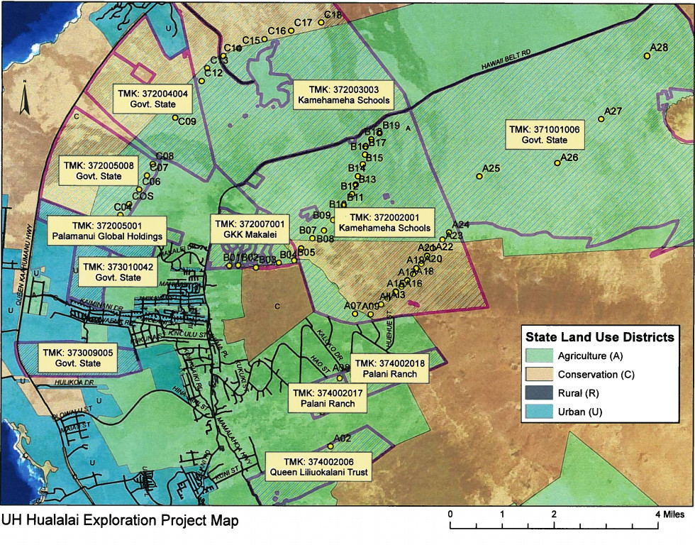 Map shows possible exploration spots on Hualalai, courtesy BLNR submittal