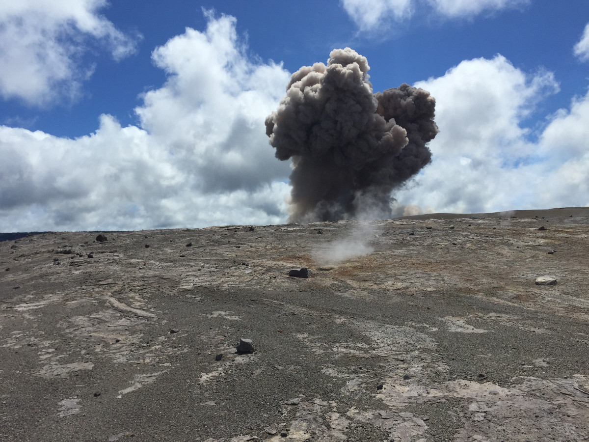 HVO geologists working on the far side of the crater captured the initial moments of the plume rising. (USGS photo)