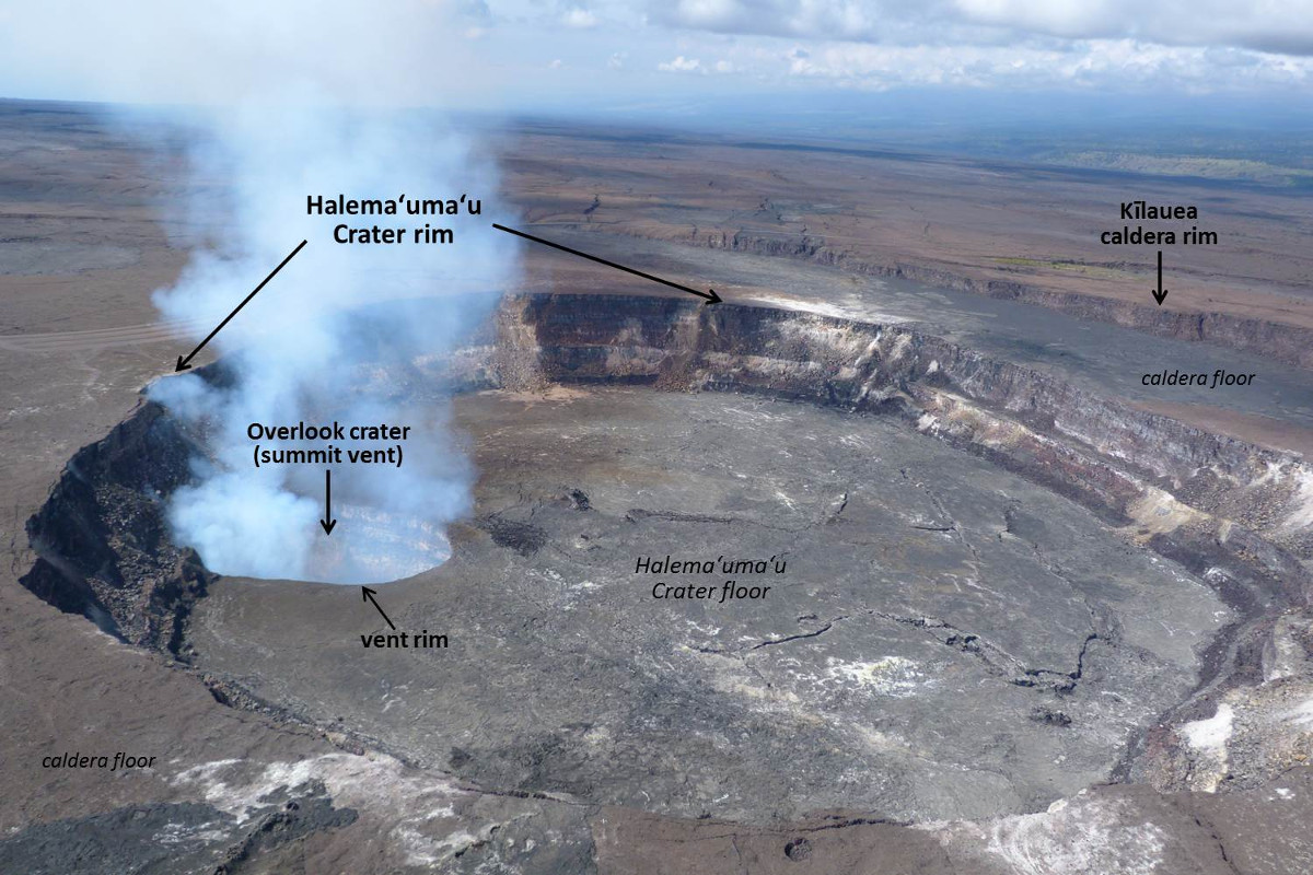 USGS Image: The active vent (Overlook crater) at the summit of Kīlauea Volcano is located within Halemaʻumaʻu, a crater within the volcano's caldera. The lava lake within the summit vent was about 70 m (230 ft) below the vent rim when this aerial photo was taken on March 6, 2015. Hawaiʻi Volcanoes National Park’s Jaggar Museum is perched on the Kīlauea caldera rim (out of view to the right). 