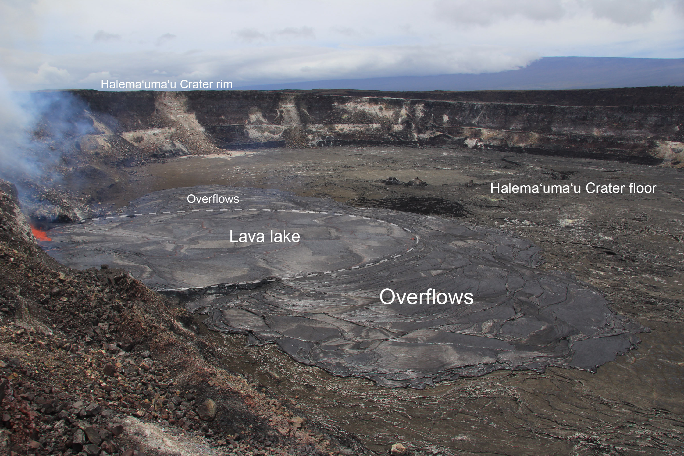 (USGS image) Labeled poto of the overflowing lava lake taken from the rim of Halemaʻumaʻu.