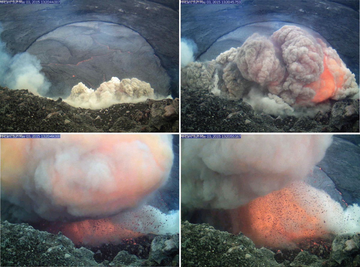 A sequence of USGS still images taken from the webcam positioned at the closed Halemaʻumaʻu overlook, spanning about six seconds. The collapse originated from a portion of the wall directly below the webcam, but just out of view. Large pieces of molten spatter can be seen flying through the air and being deposited on the crater walls below the camera.