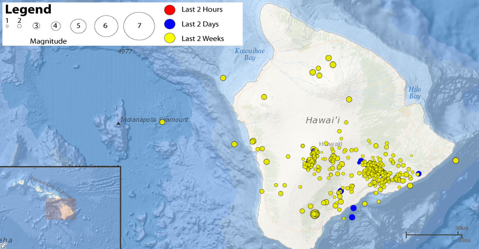 Screen grab from the USGS website  "Recent Earthquakes in Hawaii". We have placed the Legend for the map over the upper left portion of the image.