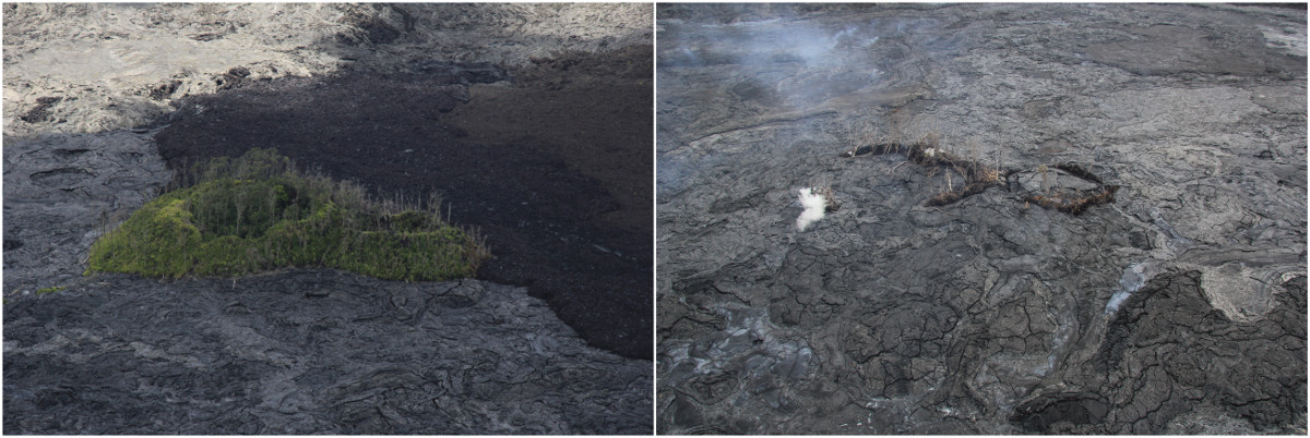 USGS photo: "Puʻu Kahaualeʻa has been buried slowly by the Puʻu ʻŌʻō eruption over the years, and the ongoing June 27th flow has nearly finished the job." scientists say. "The image on the left shows Puʻu Kahaualeʻa on June 30, 2014, a few days after the June 27th flow started (the ʻaʻā flow just behind the cone is from the early stages of that flow); the image on the right shows Puʻu Kahaualeʻa today (May 21, 2015) from nearly the same perspective. Only the highest parts of Puʻu Kahaualeʻa's twin craters remain."