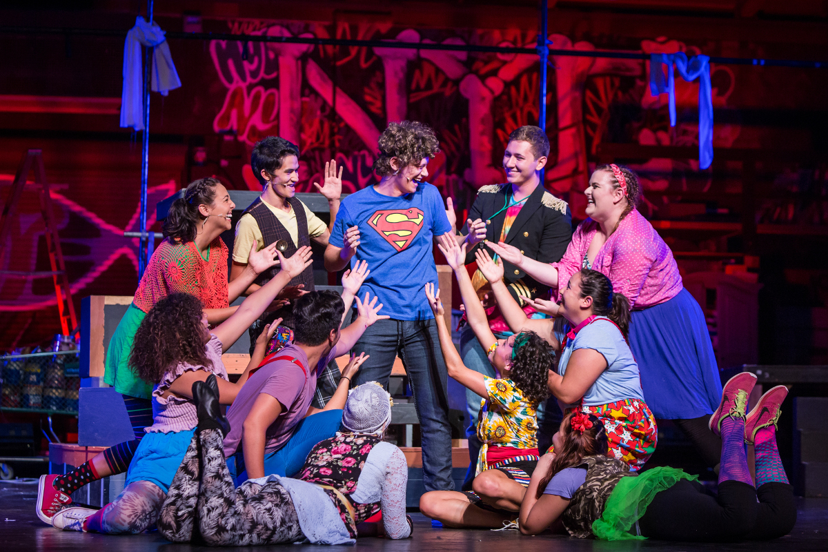 Godspell! cast members (clockwise from top left) – Leilani Bostock, Daniel Gregg, Colin Briskey, Sean Dunnington, Becca Barret, Jazzy Bostock, Grace Bostock, Harmony Graziano, Sarah Bellatti, Michaelangelo McPeek, Stacee Firestone. Photo by Anna Pacheco, courtesy of Kahilu Theatre