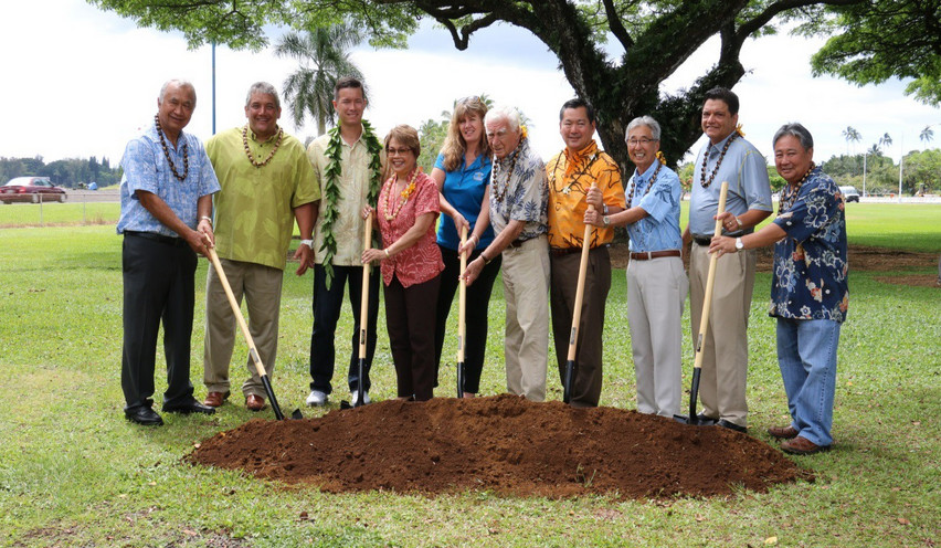 Mayor Billy Kenoi, state Sens. Gilbert Kahele and Lorraine Inouye, and Hilo CouncilmanDennis “Fresh” Onishi were among the dignitaries who praised the project’s benefits during the groundbreaking ceremony. Pastor Evan Carmichael of the Church on a Sure Foundation delivered the prayer.  Photo courtesy Hawaii County Dept. of Parks and Recreation