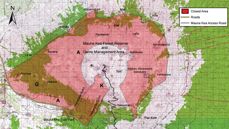 This image maps out the closed areas (red/pink) during a time of state animal control. Map produced by Hawaii DLNR, but altered to exclude dates that had changed since the map was first published. 