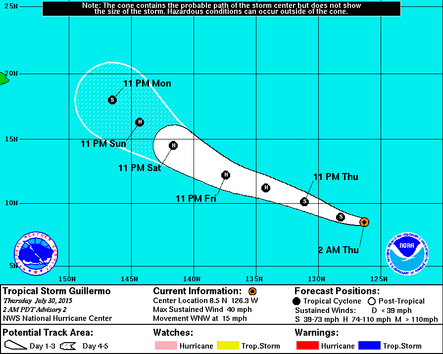 Coastal Watches/Warnings and 5-Day Forecast Cone for Storm Center, courtesy the National Weather Service