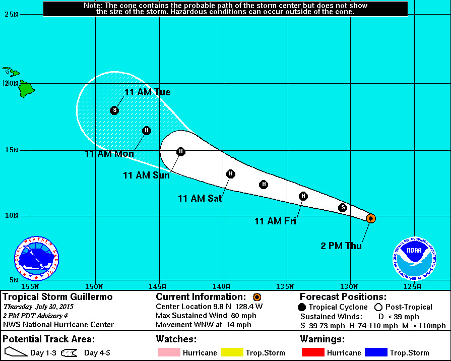 Coastal Watches/Warnings and 5-Day Forecast Cone for Storm Center published by the National Weatehr Service at 11 p.m. HST (2 p.m. PDT)